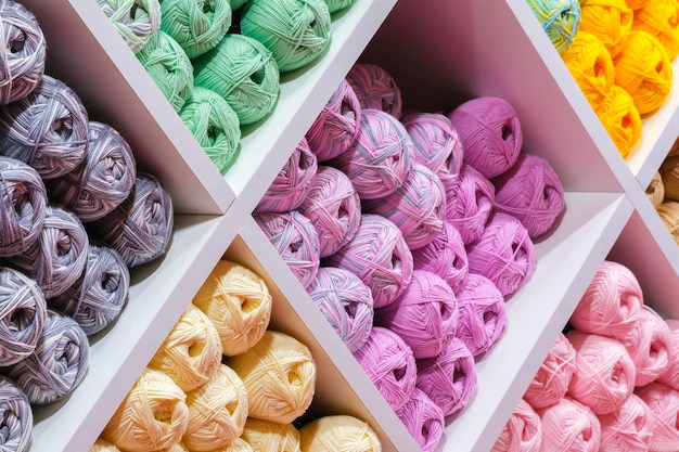Bolas de lana multicolor surtido de hilo en exhibición en la tienda Venta de hilo para tejer hermosos suéteres de lana