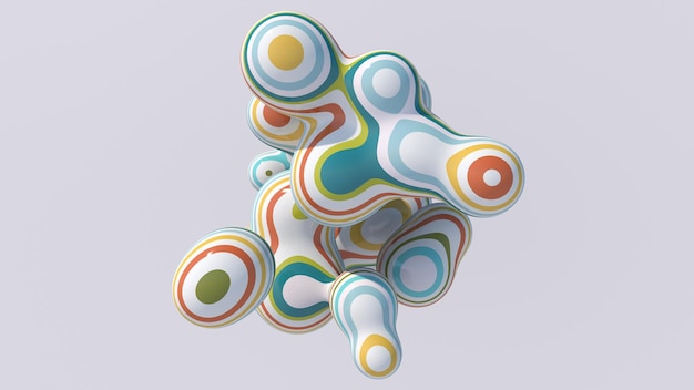 Bolas líquidas a rayas de colores Fondo blanco Ilustración abstracta 3d render