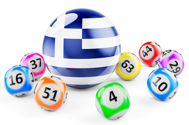 Bolas de lotería con bandera griega Lotería en Grecia concepto 3D rendering aislado sobre fondo blanco.