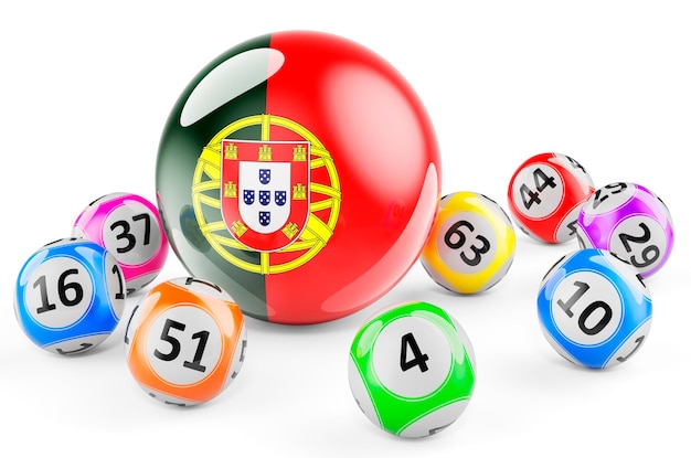 Bolas de lotería con bandera portuguesa Lotería en Portugal representación 3D concepto