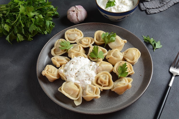 Bolas de masa de carne caseras servidas con crema agria y perejil fresco en un plato.