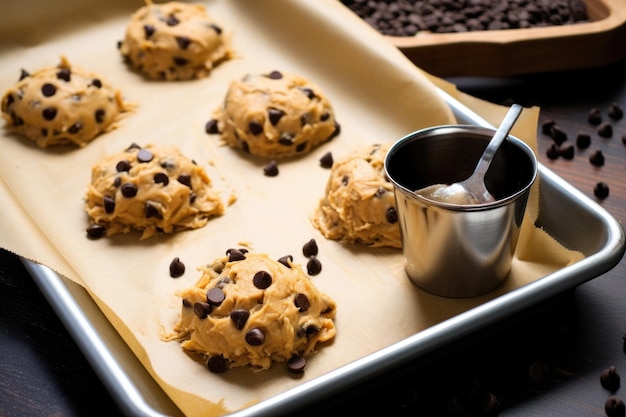 Bolas de masa para galletas con chispas de chocolate en una bandeja para hornear