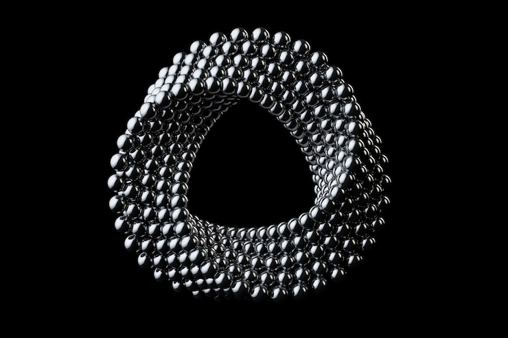 Foto bolas de metal cromado imposible abstracto loop circle shape cross cap sobre un fondo negro. representación 3d