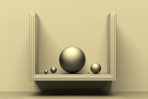 Bolas metálicas concepto abstracto minimalista concepto dorado globos metálicos 3D render