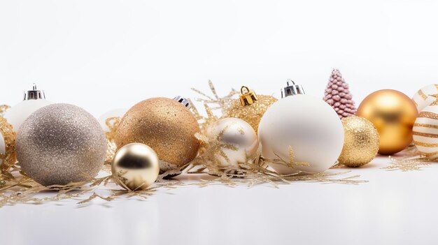 Bolas de Navidad y adornos sobre un fondo blanco en celebración festiva