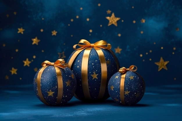 Bolas de navidad azules con cinta de oro y lazo sobre fondo azul