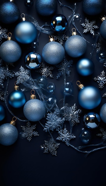 Bolas de Navidad azules y copos de nieve sobre fondo azul oscuro
