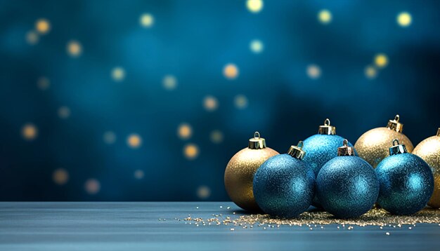 Bolas de Navidad azules y doradas en fondo azul renderización 3D