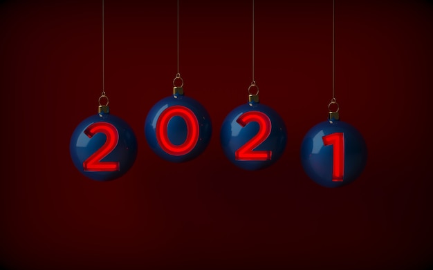 Bolas de Navidad azules que cuelgan con números de Año Nuevo, iluminadas con neón rojo.