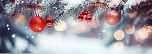 Bolas de Navidad colgando de ramas de pino congeladas concepto de vacaciones y celebración IA generativa