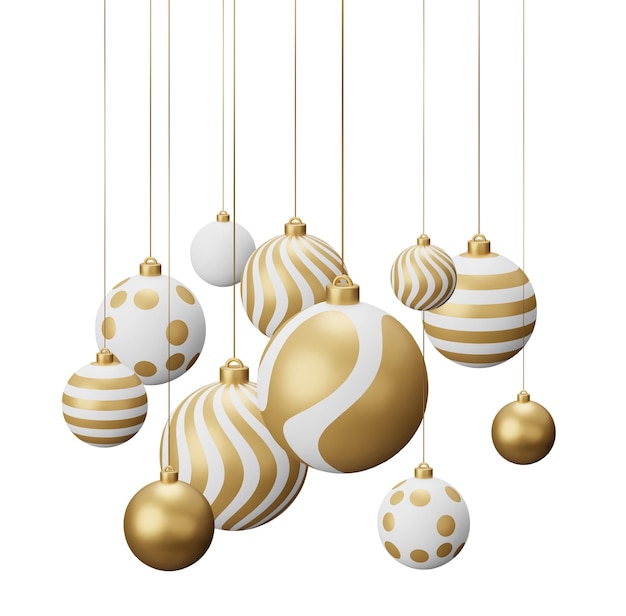 Las bolas de Navidad colgantes de oro 3d representan una ilustración aislada sobre un fondo blanco