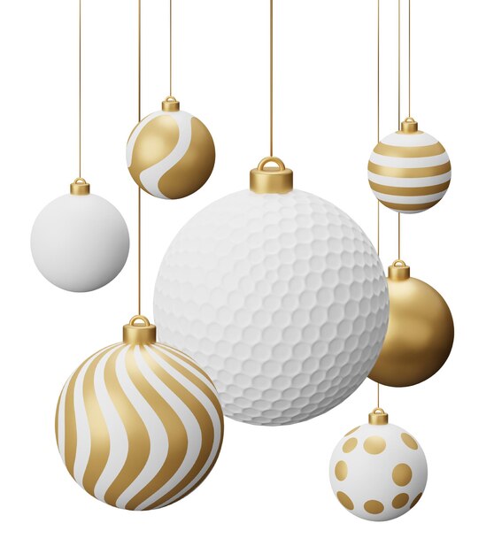 Foto las bolas de navidad colgantes de oro de golf 3d representan una ilustración aislada sobre un fondo blanco
