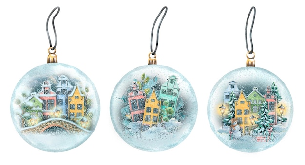 Bolas de Navidad de cristal transparentes con lindas casas dentro y nieve Ilustración de acuarela Tres juguetes aislados sobre un fondo blanco Para la decoración y el diseño del año nuevo y el invierno