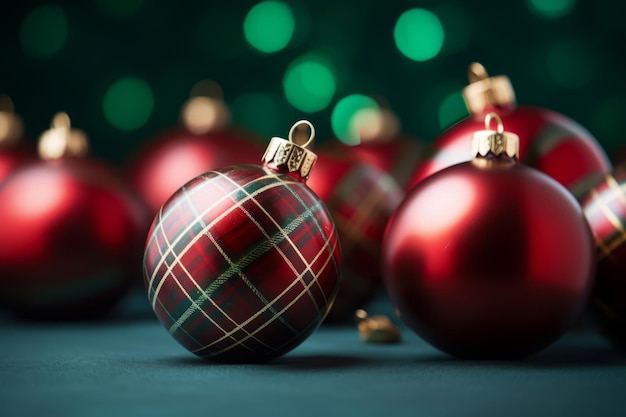 Bolas de Navidad diseño de tartán a cuadros Fondo estacional con decoración en colores verde y rojo Ilustración generativa de IA