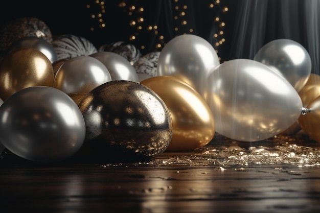 Bolas de navidad en una mesa con bolas de oro.