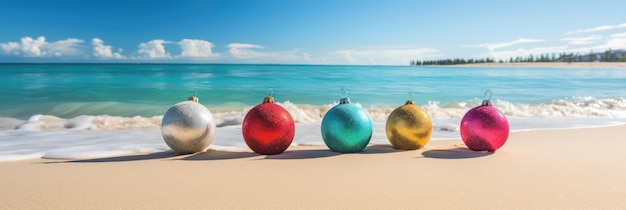 Bolas de Navidad en la playa de arena día soleado Vacaciones de Navidad de verano en una isla tropical