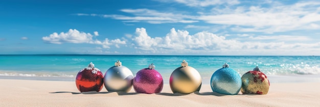 Bolas de Navidad en la playa de arena día soleado Vacaciones de Navidad de verano en una isla tropical