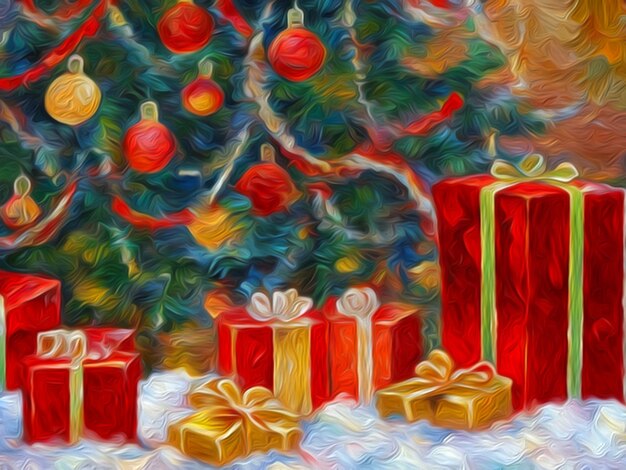 Bolas de Navidad en las ramas de un árbol de Navidad de Año Nuevo Bola roja azul amarilla Tarjeta de felicitación de vacaciones generada por IA Ilustración brillante efecto de relieve Imitación de pintura al óleo Regalo de regalo