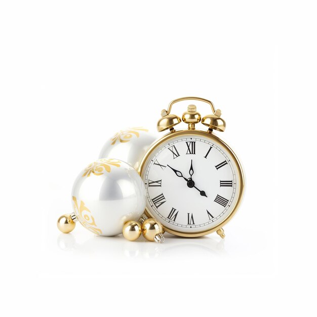 Bolas de Navidad y reloj con fondo blanco