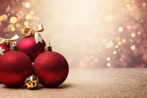 Bolas de Navidad rojas con adornos marrones y lazos sobre fondo bokeh brillante concepto de decoración festiva y vacaciones navideñas Ilustración generativa de IA