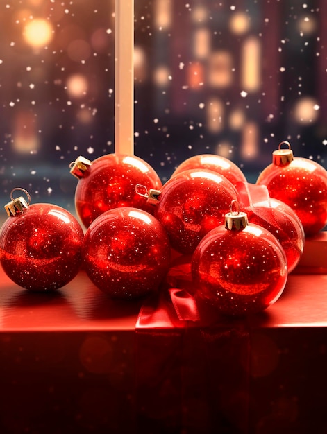 Bolas de Navidad rojas en caja de regalo roja con fondo bokeh