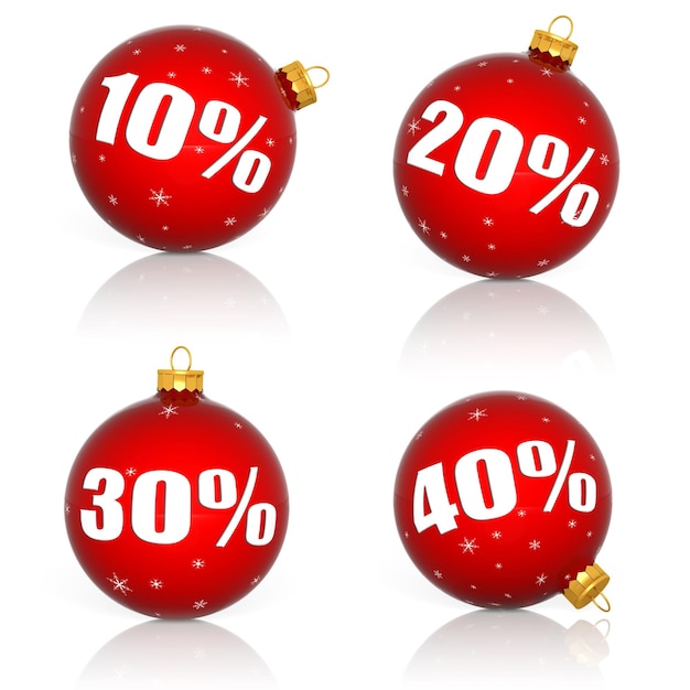 Bolas de Navidad rojas con números y símbolos de porcentaje para la venta de Navidad