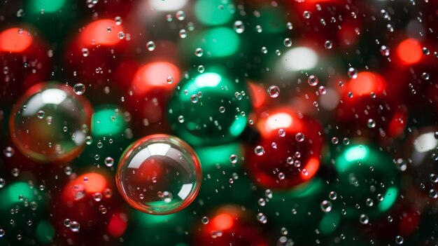 Bolas de Navidad rojas, verdes y blancas bajo la lluvia.