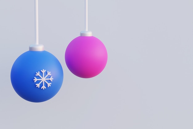 Bolas de navidad rosadas y azules con copo de nieve colgando de cuerdas render 3d