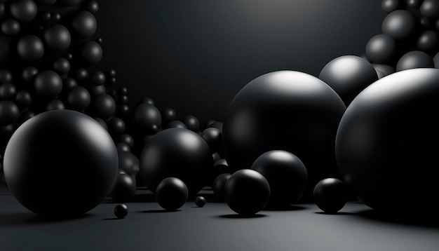 Las bolas negras están dispuestas en una habitación oscura.