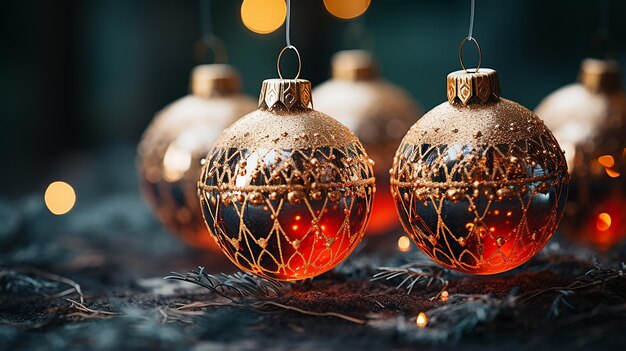Bolas de neón brillantes caladas en el árbol de Navidad con iluminación festiva