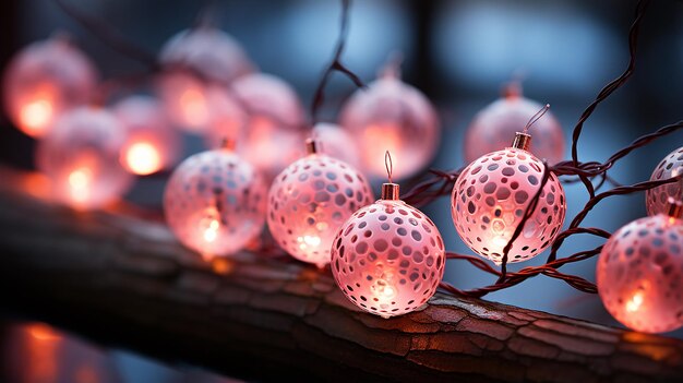 Bolas de neón brillantes caladas en el árbol de Navidad con iluminación festiva