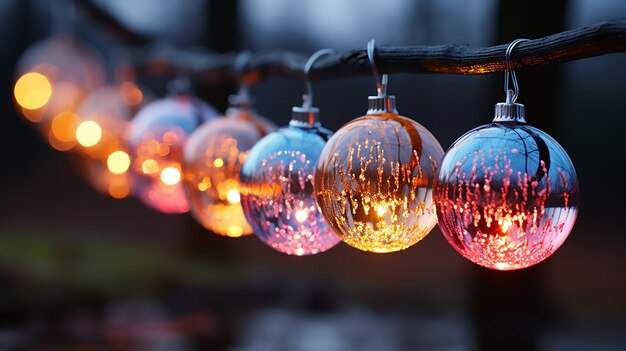 Bolas de neón brillantes caladas en el árbol de Navidad con iluminación festiva