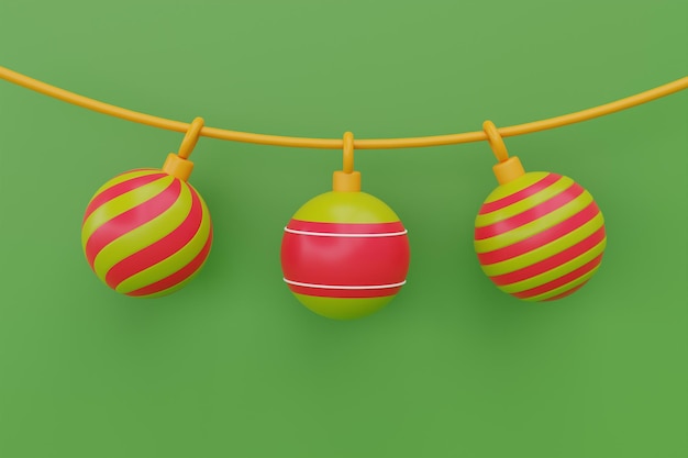 Bolas ornamentais penduradas em enfeites de fita para renderização em 3d de Natal e Ano Novo