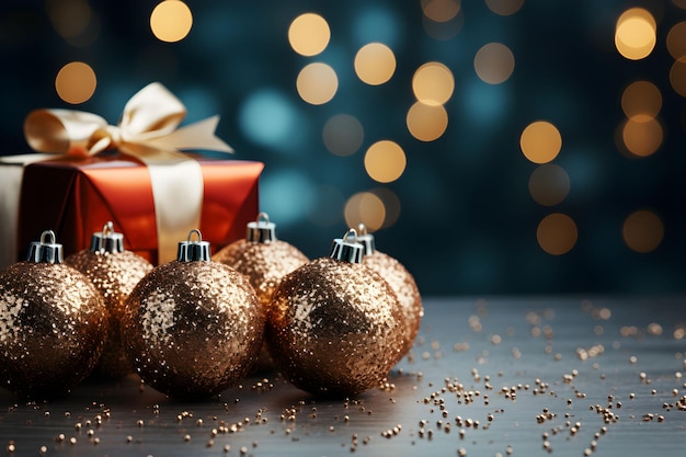 Bolas de oro brillantes de Navidad con brillo y caja de regalo roja en luces fondo borroso estandarte de maqueta festiva con decoración creativa de baubles y espacio de copia