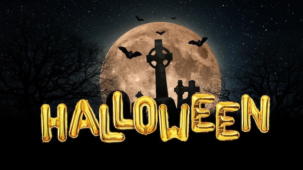 Bolas de oro de Halloween en una noche aterradora con luna y calabazas concepto feliz Halloween idea creativa