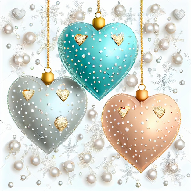 Bolas penduradas decoradas com floco de neve de árvore de coração
