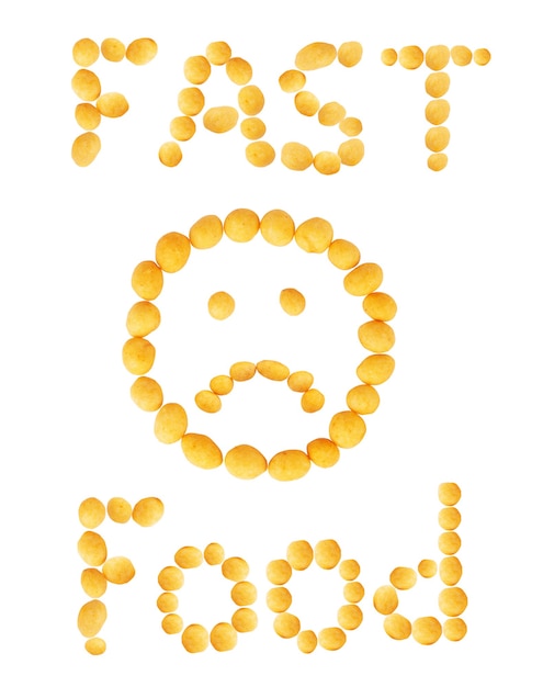 Bolas de queso en forma de emoticón triste con texto de comida rápida