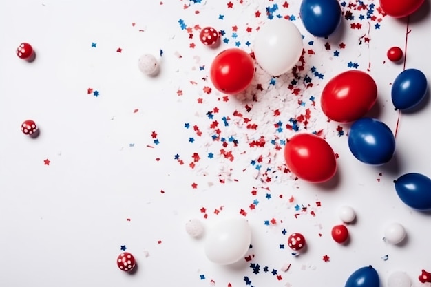 Las bolas rojas, blancas y azules están esparcidas sobre una superficie blanca.