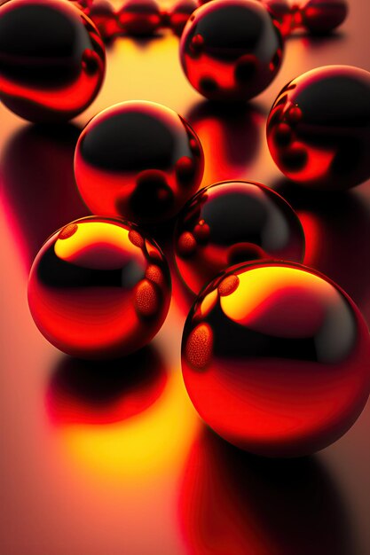 Bolas rojas brillantes caen en un líquido negro viscoso Patrón abstracto Ilustración digital 3d render