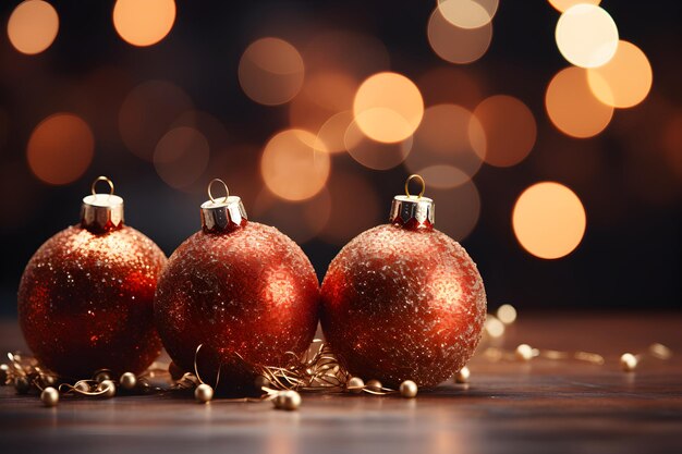 Bolas rojas brillantes de Navidad con luces brillantes y fondo borroso Bandera de maqueta festiva con decoración creativa de baubles y espacio de copia