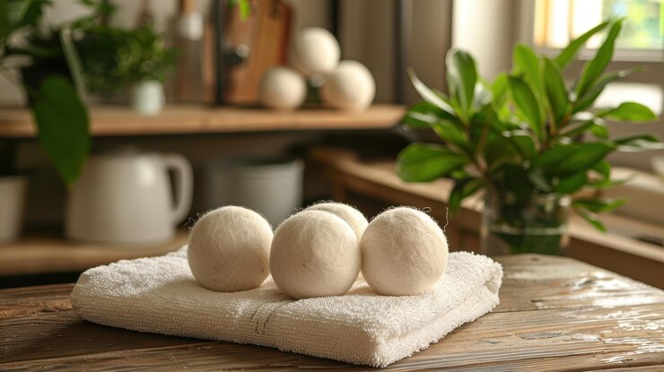 Bolas de secador de lana en una toalla con vegetación