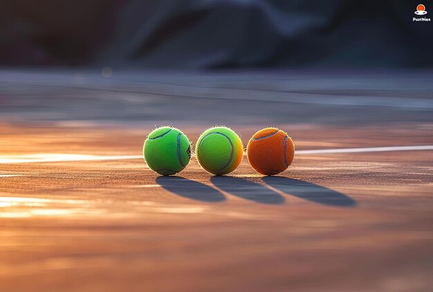 Foto bolas de tenis en una cancha en el sol en el estilo de los rayos de sol brillan sobre él