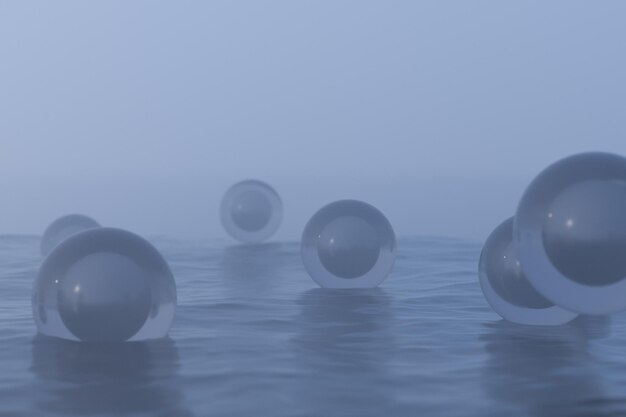 Bolas transparentes flotando en el lago y reflejándose en la representación 3d del agua