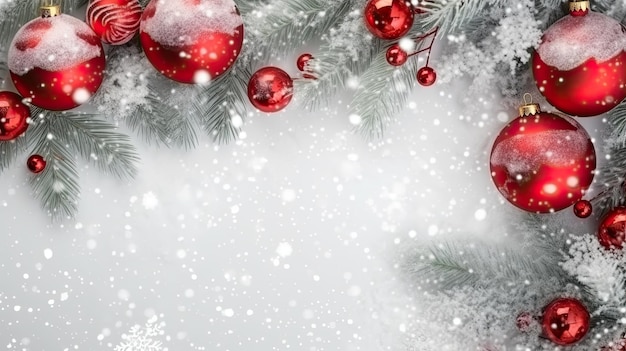 bolas vermelhas de Natal e abeto na neve
