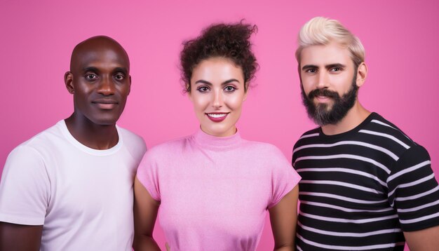 Foto bold punchy headshots retrato de homens e mulheres em fundo rosa simples