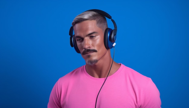 Bold Punchy Headshots Retrato de un hombre con auriculares con una camiseta rosa sobre un fondo azul