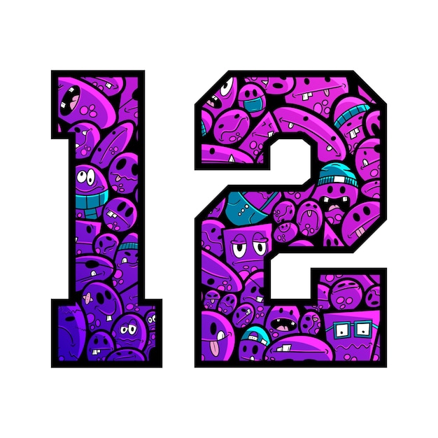 Bold Varsity Style Numbers con divertidos doodles de dibujos animados llamativos Diseño lúdico para deportes y más