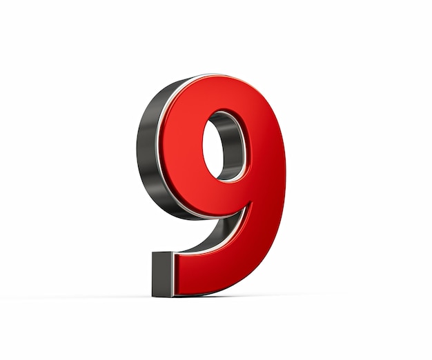 Bold Vibrant Red Número Nueve Número 9 con elegante brillo metálico en fondo blanco Ilustración 3D