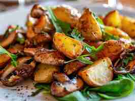 Foto boletus assado cogumelos ceps porcini fritos com batatas assadas e verduras no prato do restaurante