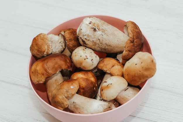 Boletus edulis in einer Schüssel zu Hause Zubereitung für den Verzehr von Lebensmitteln